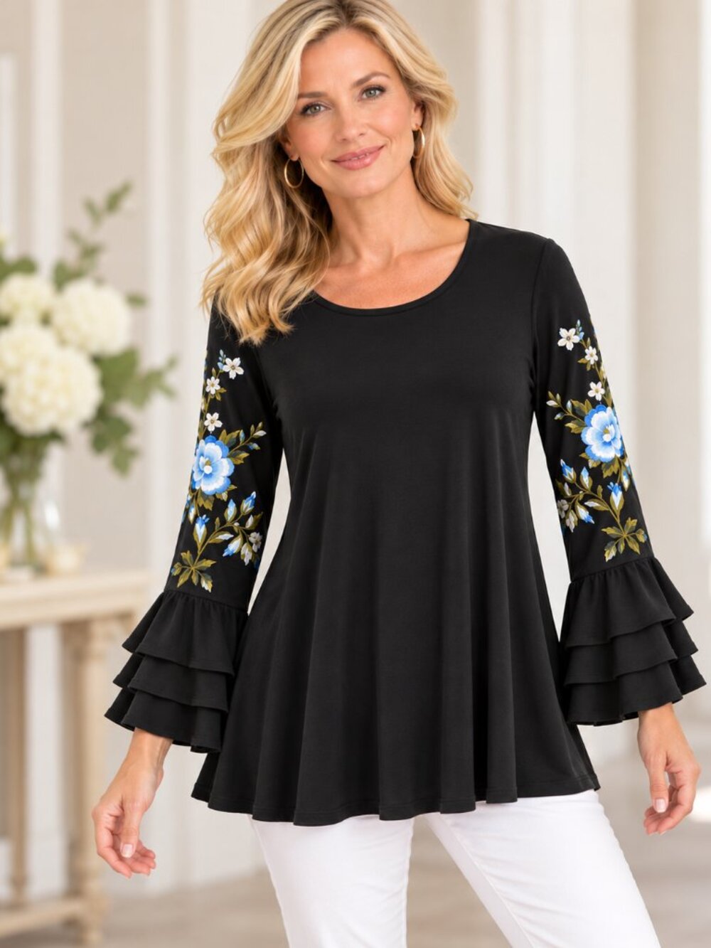 BOHO Black Top With Sleeve Embroidery & Triple Ruffle - 2X - NWOT